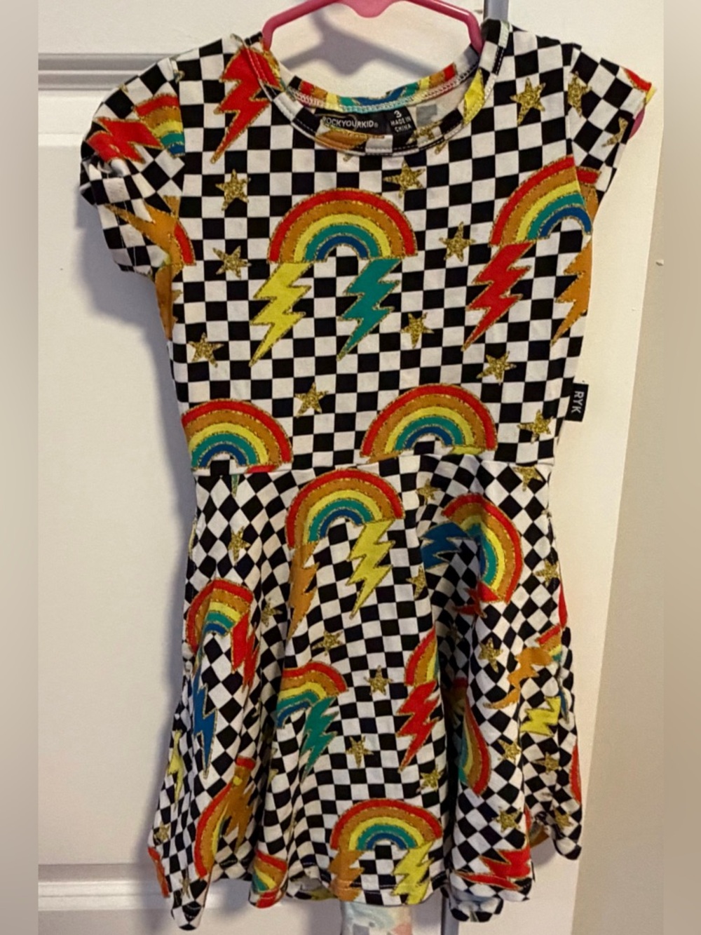 Girls Black Checkerboard Rainbow Lightning Skater Dress